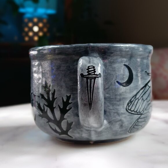Whimsigoth Mug - Black & Grey Porcelain Cicada Moon Toad Leaves & Spiderweb - Picture 5 of 8
